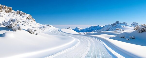 Snow-covered mountain road with a clear blue sky, winter adventure