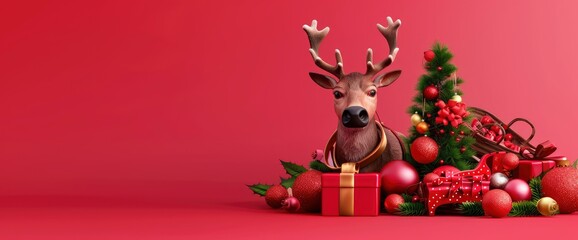 Fototapeta premium Christmas Reindeer with Ornaments and Presents on Red Background