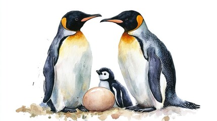 Fototapeta premium Watercolor illustration of a penguin family with an egg