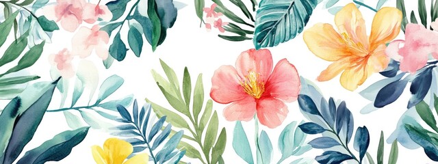 Watercolor digital illustration of floral and leaf patterns for textile design