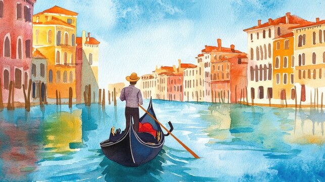 Watercolor illustration featuring a gondolier in a traditional gondola navigating the waters of a canal with vibrant buildings and a clear blue sky in the backdrop