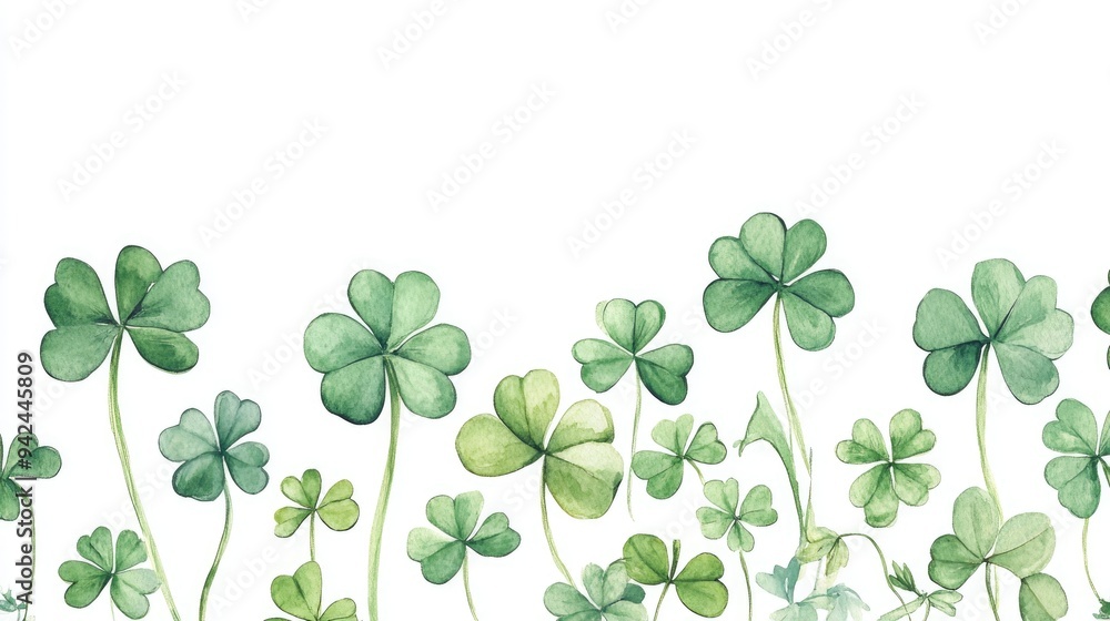 Poster watercolor illustration of a border featuring shamrocks and clovers isolated on a white background h