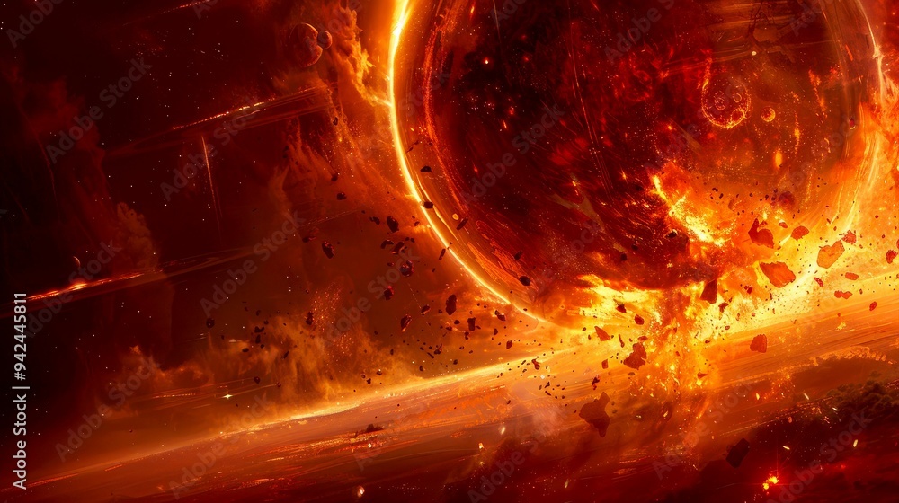 Poster a fiery red planet explodes in a cosmic inferno.