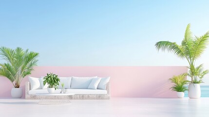 Minimalist White Terrace with Palm Trees and Pink Wall