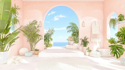 Pink Wall Archway With Ocean View And Tropical Plants