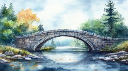 Fototapeta premium Watercolor illustration featuring a stone bridge backdrop