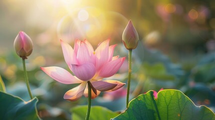 Obraz premium Pink lotus blooms with bud in sunlight