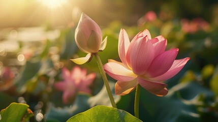 Obraz premium Pink lotus blooms with bud in sunlight