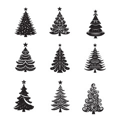 set of pine trees silhouettes on white	