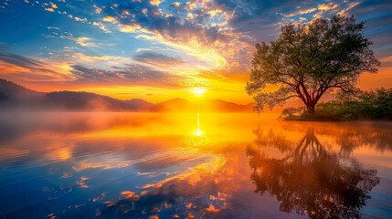Tranquil Sunrise Over a Misty Lake with a Silhouette Tree