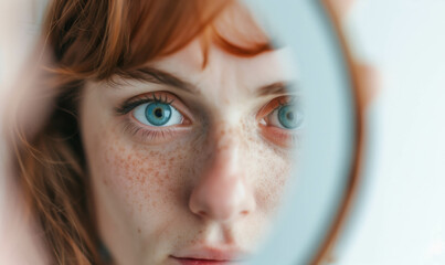 Redhead woman looking in a mirror