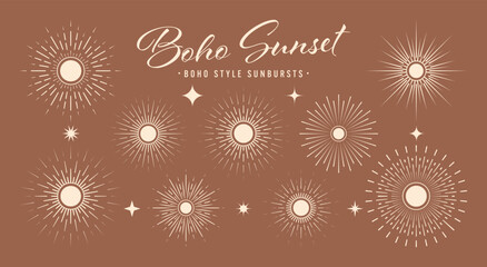 Vintage sunburst, sunset beams collection. Boho style, modern minimalist bohemian design. Hand drawn bursting sun, light rays. Logotype or lettering design element in retro style. Vector illustration