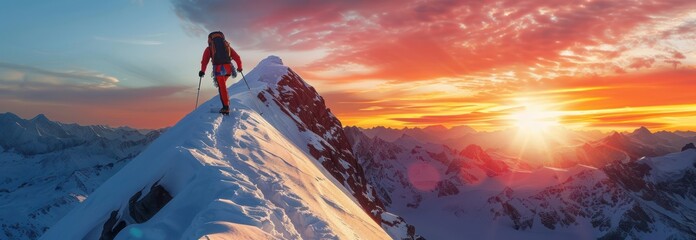 Hiker on the Mountain Peak at Sunset