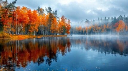 Autumnal Forest Reflecting in a Still Lake