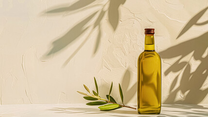 Olive oil bottle ad background with copyspace, vegetable oil commercial produce, food industry and retail concept