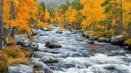 A rushing stream flows through a forest of golden autumn leaves.