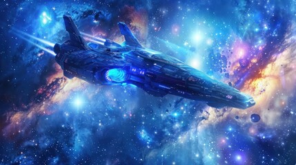 Fototapeta premium Futuristic spaceship flying through a starry nebula.