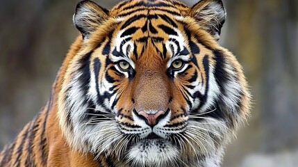 Fototapeta premium Portrait of a Tiger: Majestic and Detailed Close-Up of a Tiger's Face, Highlighting Its Powerful Features and Striking Stripes