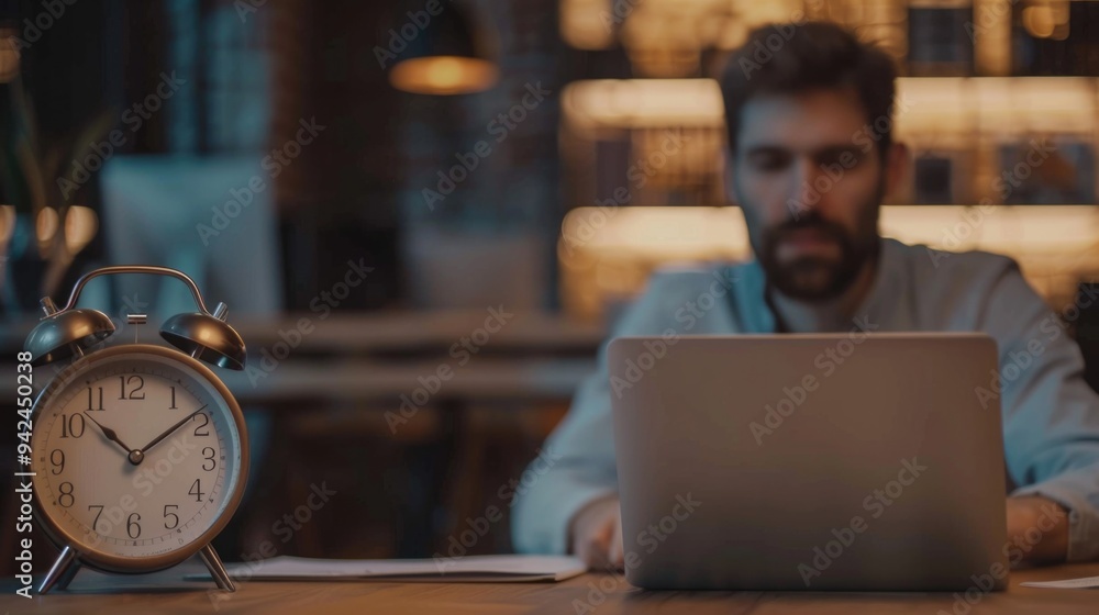 Poster alarm clock on a table with a businessman working, emphasizing time management.