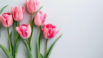 Pink tulips on light background with copy space for International Women s Day and Mother s Day concept