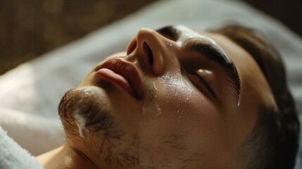 Close-up of a young man enjoying a facial spa treatment.