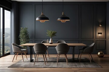 Modern Dining Room Interior with Black Walls and Wooden Floor