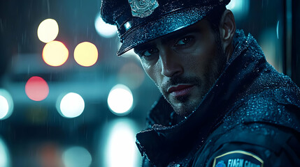 A man in a dark jacket and cap standing in the rain with city lights in the background.
