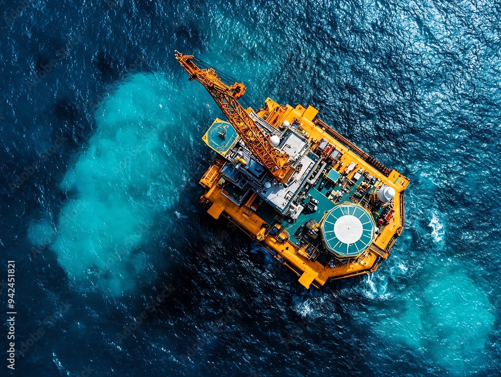 Wall mural aerial view of a vibrant offshore oil rig surrounded by clear blue waters, showcasing modern enginee