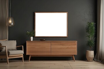 Minimalist Living Room with Wooden Cabinet and Empty Frame