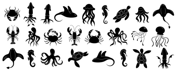 Fototapeta premium Black silhouette illustrations of various underwater animals. Featuring aquatic life like fish, jellyfish, octopus, crab, shark, and sea. Isolated vector elements in marine world.