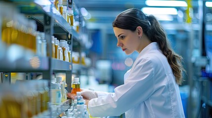 A Scientist in a Lab Coat Examining a Bottle of Liquid on a Shelf
