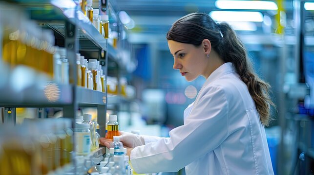 A Scientist in a Lab Coat Examining a Bottle of Liquid on a Shelf