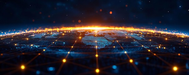 Obraz premium Global supply chain, interconnected network, glowing lines across continents, deep blue tones, futuristic, 3D illustration