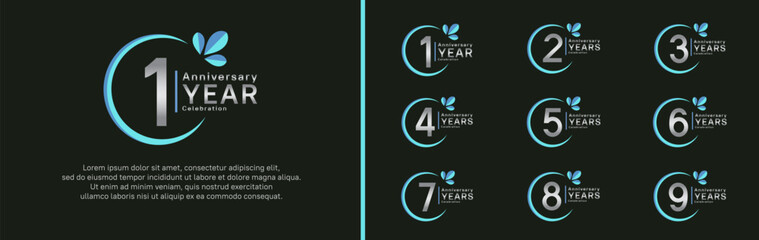 anniversary logotype set. vector design silver color with blue ring and leaf for special moment
