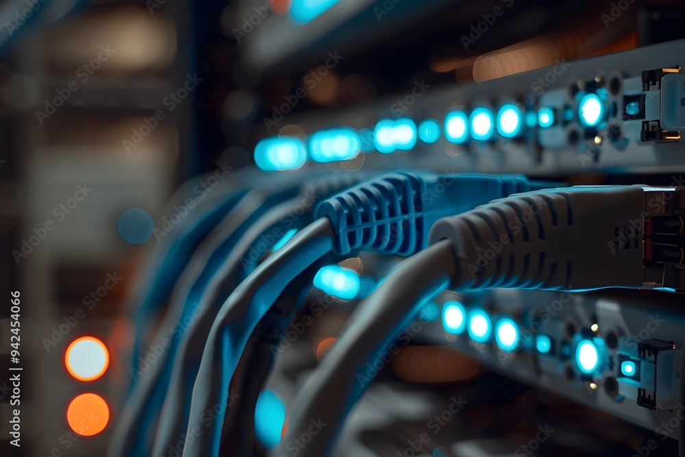 Poster closeup of a network switch with several internet cables connected, symbolizing the data transfer be