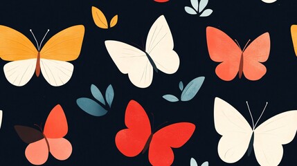 Whimsical Flutter: A seamless pattern of vibrant butterflies dancing on a dark backdrop, evoking a sense of joy and tranquility. 