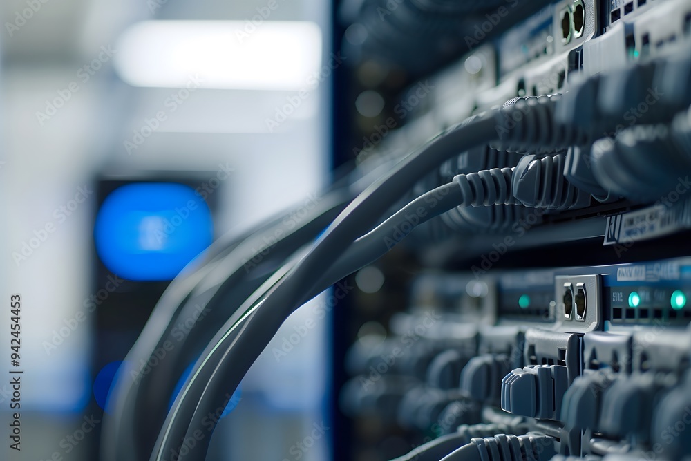 Poster closeup of a network switch with several internet cables connected, symbolizing the data transfer be
