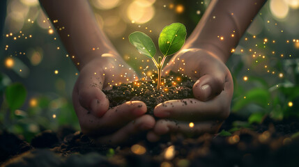 Fototapeta premium Image of Hands Holding a Seedling Growing from Soil