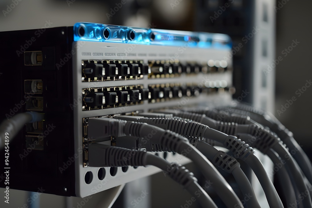 Poster closeup of a network switch with several internet cables connected, symbolizing the data transfer be