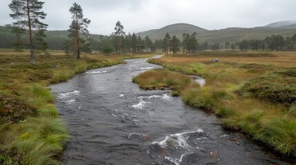 Fototapeta premium A River Flowing Through a Forest and Meadow Under a Cloudy Sky