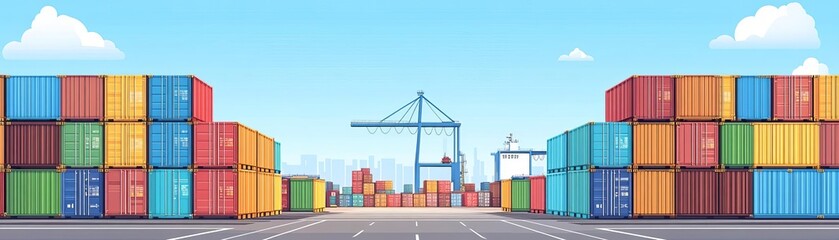Obraz premium Cargo containers, stacked in colorful patterns at a busy port, vibrant hues, flat design illustration