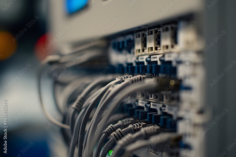 Poster closeup of a network switch with several internet cables connected, symbolizing the data transfer be