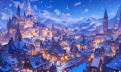 Fototapeta premium Enchanting Winter Cityscape Collection: Diverse Urban Scenes from Charming European Towns to Modern Metropolises. Magical Anime-Inspired Fantasy Wonderland for Festive Marketing, Holiday Promotions, a