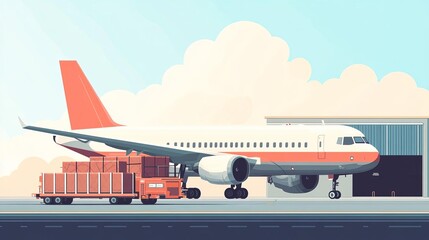 Airplane unloading cargo, tarmac under a bright sky, dynamic scene, flat design illustration