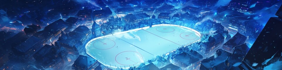 Aerial Fantasy Winter Wonderland: Anime-Style Ice Hockey Arena Captured from Above. Enchanting Overhead View for Seasonal Sports Marketing, Holiday Promotions, and Elegant Web Design Templates with Co