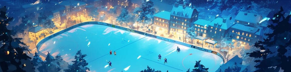 Fototapeta premium Aerial Fantasy Winter Wonderland: Anime-Style Ice Hockey Arena Captured from Above. Enchanting Overhead View for Seasonal Sports Marketing, Holiday Promotions, and Elegant Web Design Templates with Co