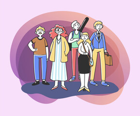 Group of people of different professions flat vector illustration. Cartoon characters of businessman, teacher, office manager, musician. Occupation, work, job concept