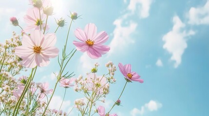 Obraz premium Spring Flowers Floating Against a Blue Sky Background: Beautiful Pastel Pink Flower Arrangement Capturing a Summer Aesthetic Concept