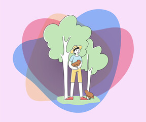 Happy boy taking care of hens on farm flat vector illustration. Young worker farming at countryside. Agriculture and job concept.