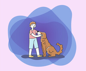 Happy boy with cute dog flat vector illustration. Cartoon character of child and pet. Animal, pet care, love concept